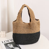 Sac en paille tissé décontracté de couleur assortie, sac de poignet de couleur contrastée, sac de plage de vacances en bord de mer